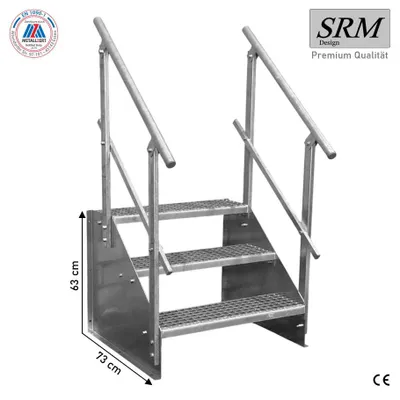 Obrázek produktu pro 3stupňové volně stojící ocelové schodiště šířka 80 cm výška 63 cm oboustranně pozinkované zábradlí