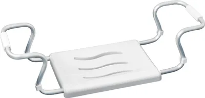 A white bath seat with gray metal legs and handles, shown against a white background.