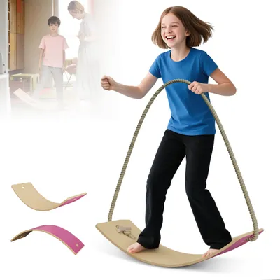 Produktbild von LZQ Balance Board aus Holz mit EVA Anti-Rutsch Matte Rosa – Montessori Spielzeug, Kinder Balancierbrett 82x30x1,5 cm, Wackelbrett für Gleichgewicht & Koordination, inkl. Seil & Holzstäbe