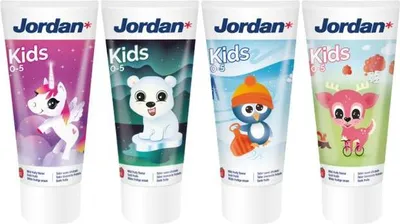 Four tubes of Jordan Kids toothpaste, each with a different cartoon character design.