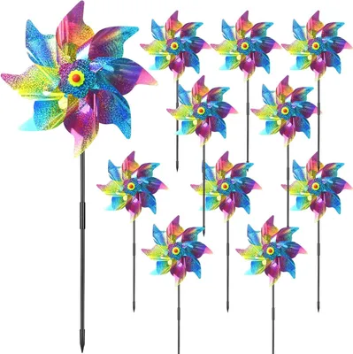 Produktbild von Taubenabwehr Windmühlen 10 Stück - Reflektierende Vogelschreck Gartenstecker - Vogelabwehr für Balkon, Terrasse & Obstgarten - 24 x 51 cm - Stil 1
