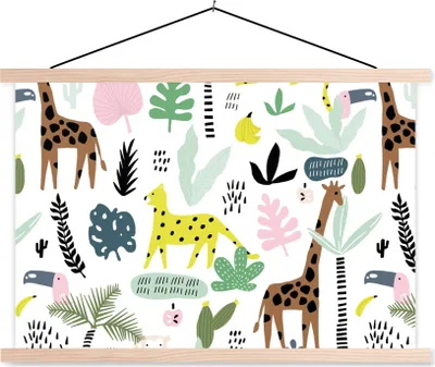 Produktbild von MuchoWow® Textilposter Dschungel - Muster - Tiere 120x80 cm mit holzfarbenen Rahmen - Aufhängeset