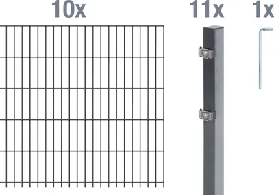 Zdjęcie produktu dla Alberts 650735 Doppelstabmattenzaun als 22 tlg. Zaun-Komplettset, anthrazit, Höhe 100 cm, Länge 20 m
