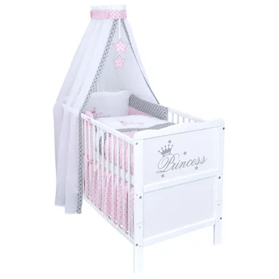 Produktbild von Baby-Delux Babybett Kinderbett Gitterbett Princess 60x120 Weiß inkl. 10-tlg Princess Stars Bettwäsche Set Matratze, Beißschienen zum Schutz
