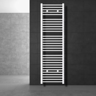 A white towel radiator is shown in a modern bathroom setting with dark tiled walls and a light tiled wall in the background.