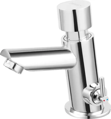 A chrome-finished bathroom faucet.
