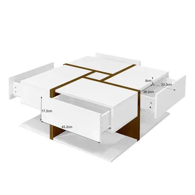 Produktbild von Fortuna Lai Couchtisch mit 4 versteckten Schubladen, moderner Stil, geometrisches Design, Wohnzimmertisch aus Holz, weiß
