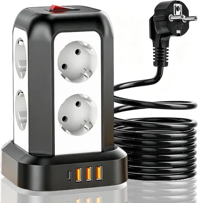Produktbild von Steckdosenleiste mit 8 Steckplätzen – 3 USB-A und 1 USB-C – Steckdosenleiste mit Schalter – Netzteil mit Verlängerungskabel, 1,8 m