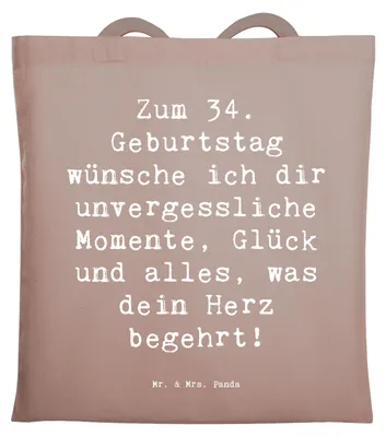 Produktbild von Mr. & Mrs. Panda Tote Bag Spruch 34. Geburtstag Glückwünsche - Braun Pastell - Geschenk, Laptoptasche, Jutetasche, Shopping Tasche, Sprüche, Freude, Alter, Meilenstein