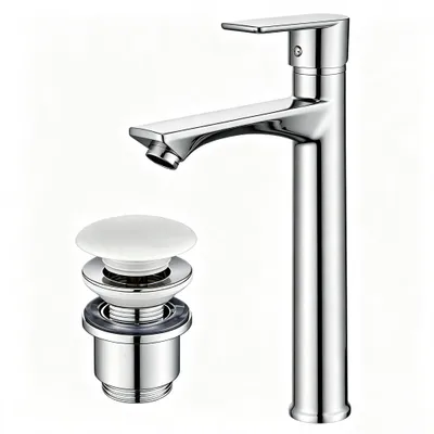 Produktbild von Homelody Wasserhahn Bad mit Universal Ablaufgarnitur Armatur Mischbatterie Waschbeckenarmatur mit Weiß Pop-Up Ventil Messing Überlauf Abflussgarnitur