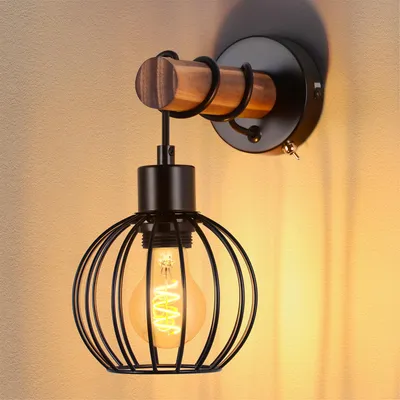 Image de ZMH Applique Noir Vintage Applique Bois avec Interrupteur Applique industrielle E27 Applique Métal Rétro Lampe de Lit Sans ampoule
