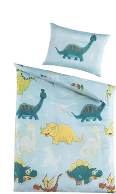 A baby duvet cover and pillowcase set with a dinosaur print, laid out flat against a white background.