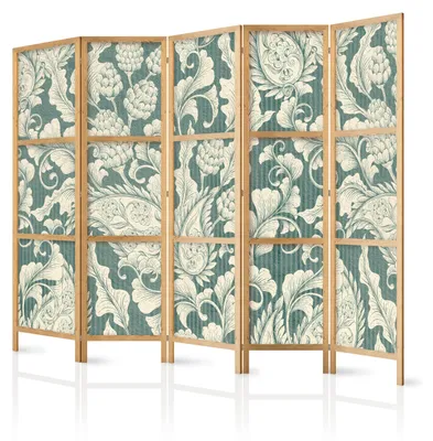 Immagine prodotto di Pannello divisorio giapponese, 5 ante, pieghevole, realizzato in tessuto non tessuto di alta qualità, con motivi floreali, ideale per l'ufficio, dimensioni 225 cm x 172 cm