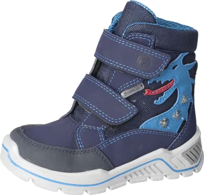 A single blue children's boot with a dragon design.