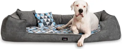 Produktbild von tierlando® Orthopädisches Hundebett VELVET Samt Velours Dreiecke geometrisch - Größe: 130x100cm | Farbe: 0230 Graphit-Hellblau