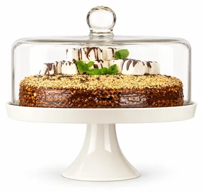Produktbild von Kuchenglocke aus Porzellan – Geblasene Glasscheibe – Durchmesser 26,5 cm – Höhe 23,5 cm – Kuchenplatte mit Glaskuppel