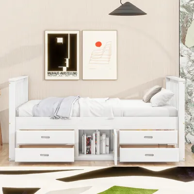 Produktbild von Flieks Holzbett 90x200cm mit Stauschrank, Jugendbett mit 4 Schubladen, Klassisches Bett mit Lattenrost, Stauraumbett Kinderbett Tagesbett Gästebett, Weiß