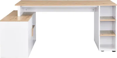 Produktbild von Eckschreibtisch mit Stauraum - MDF - Weiß und naturfarben - ROMIARA