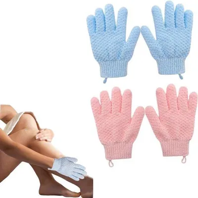Immagine prodotto di Guanti da massaggio esfolianti - Guanti da bagno da appendere - Blu e rosa - 12 x 19,5 cm - Per corpo e viso