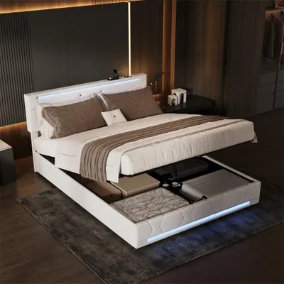 Image de INONEFT : Lit rembourré 160x200 cm avec ports USB et Type C, lit à lattes avec éclairage LED, lit pour adolescents, lit double avec sommier à lattes et espace de rangement, lit avec rangement, en lin, couleur beige