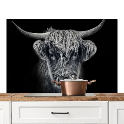 Produktbild von KitchenYeah®  Spritzschutz Küche - Küchenrückwand - Wandschutz für Herd und Spüle - Schottisches Hochlandrind - Schwarz - Kuh - Tiere 120x80 - Alu-Dibond (Alternative zum Spritzschutz aus Glas) - Hitz