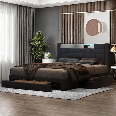 Image de Lit double - Lit pour deux personnes - Lit convertible - Lit avec éclairage LED intégré - Lit avec rangement - Gris - 140x200 cm
