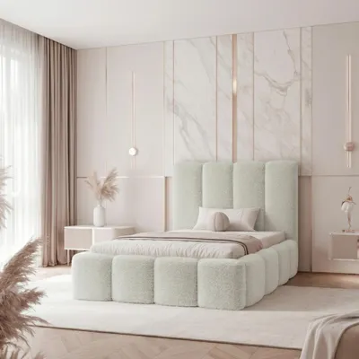 Produktbild von Polsterbett LANDARE 120x200 Creme Boucle Teddy-Stoff mit Bettkasten & Lattenrost