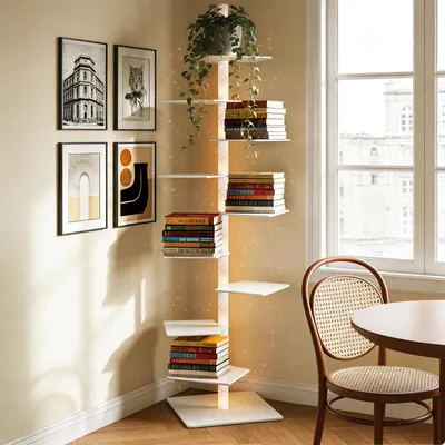 Produktbild von 1.8m 9-Stöckiges Schwebendes Bücherregal mit LED-Sternenlicht & Drehbaren Regalen Bücherturm Freistehend Bookshelf Standregal für Ecken/Enge Räume