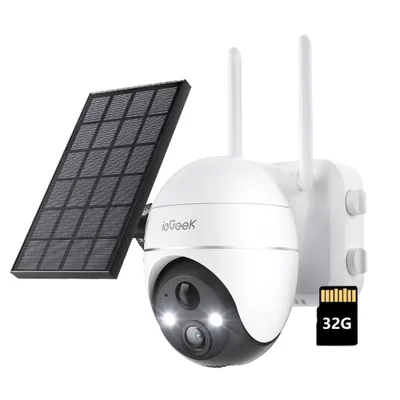 A white and black ieGeek solar-powered outdoor security camera with two antennas and a solar panel attached. A 32GB SD card is shown next to the camera.