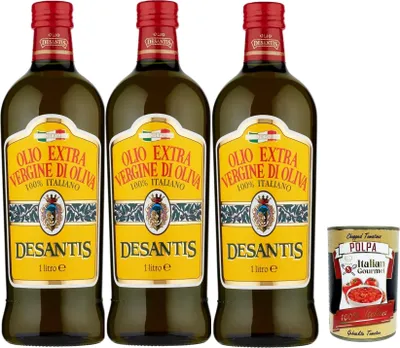 Produktbild von Desantis Olio Extra vergine di oliva 100% Italiano, 100% italienisches Natives Olivenöl extra, 3x 1lt, + Italian Gourmet polpa 400g