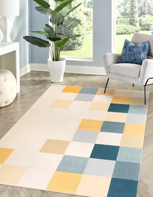 Produktbild von Kurzflorteppich rechteckig Wohnzimmer Teppich Beige-Gelb-Blau 120 x 170 cm