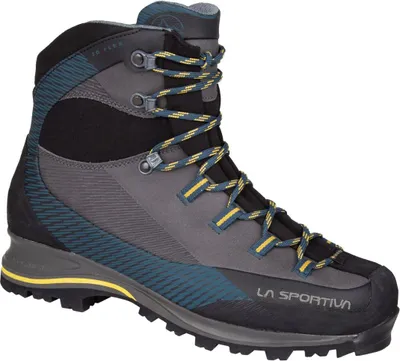 Bergschuh "Trango Trk Leather GTX" von La Sportiva in Grau mit blauen und gelben Schnürsenkeln.