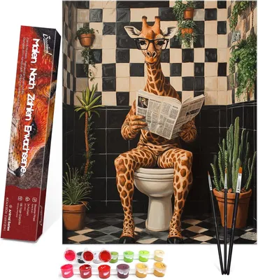 Productafbeelding van Schilderen op nummer voor volwassenen dieren zonder lijst, inclusief penseel en acrylverf - 40 x 50 cm, leesgierige giraf 1