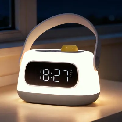 Zdjęcie produktu dla Budzik dla dzieci z funkcją nocnej lampki, cyfrowy wyświetlacz LED, regulowane światło budzenia, możliwość ładowania, duży wyświetlacz, trener snu dla chłopców i dziewczynek