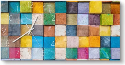 Produktbild von DEQORI Glasuhr 60x30 cm Zahlen 'Buntes Holzmosaik' Wanduhr Glas Uhr Design leise