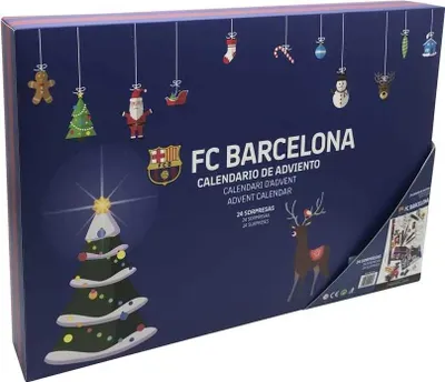 A dark blue FC Barcelona advent calendar with Christmas-themed illustrations.