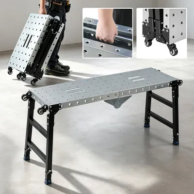 Zdjęcie produktu dla Mobilna platforma robocza ISOISL, wymiary 120x36 cm, składana, 4 kółka obrotowe, 4 poziomy regulacji wysokości, stal ocynkowana, udźwig 500 kg