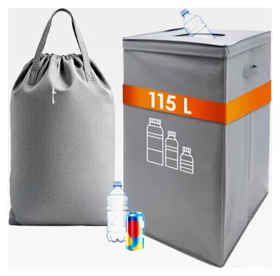 Produktbild von Pfandflaschen-Sammelbehälter mit herausnehmbarer Tragetasche - 115 L - Flaschensammler mit Deckel und Griffen - Behälter für Getränkedosen und Pfandflaschen für 30-45 Flaschen