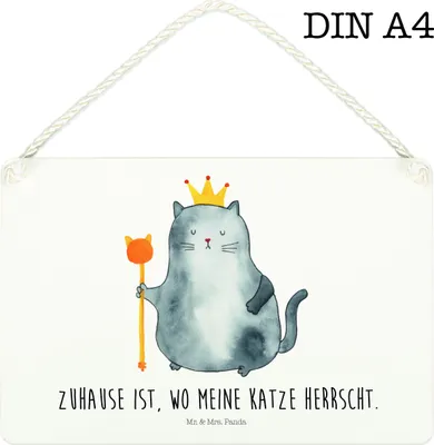 Produktbild von Mr. & Mrs. Panda Schild Katze König DIN A4 - Weiß - Geschenk, holzbild, Wandbild Holz, Türschild, wandtafel, Haha, kleine aufmerksamkeit, Cat, Katzen, Wohnung, Lustig