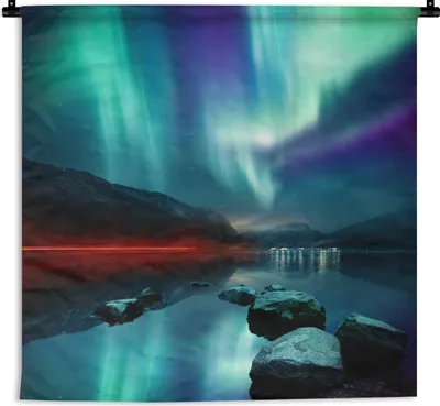 Produktbild von MuchoWow® Wandteppich Wandbehang Nordlichter - Steine - Wasser 60x60 cm Tapisserie Dekoration Wandtuch - Dekorationen - Wand Decke