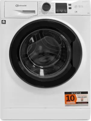 A front view of a white Bauknecht washing machine with a black door and control panel.