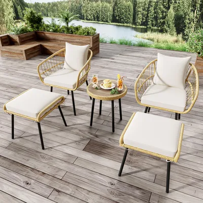 Produktbild von 5-teiliges Garten-Lounge-Set Rattan mit Tisch 2 Stühlen 2 Hockern, Gartenmobelset wetterfest mit Polstern, verzinktem Stahlrahmen, für Terrasse Balkon