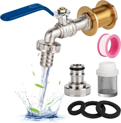Imagen del producto de Válvula de bola Messing de 1/2 pulgada, resistente a las heladas, con conexión para manguera y filtro, para uso en jardines y sistemas de recolección de agua de lluvia