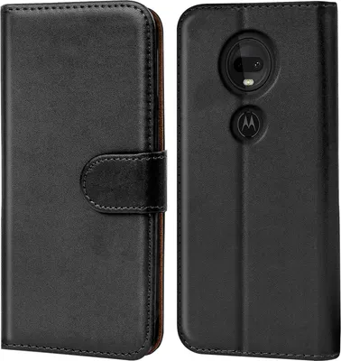 A black flip case for a Motorola phone, shown from the front and back.