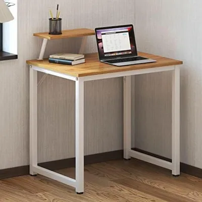 Productafbeelding van PromoHome® Compacte computerbureau met opbergplank - Houten blad en metalen frame, 80 x 40 cm, bruin