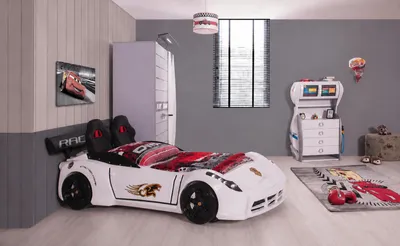 Immagine prodotto di Letto a forma di auto da corsa, design sportivo, colore bianco, aspetto racing