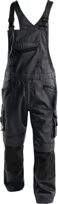 A studio shot of a pair of dark gray and black work overalls.