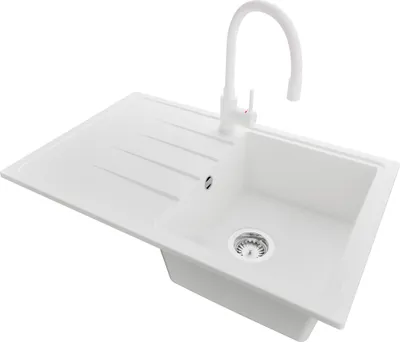 Produktbild von PRIMAGRAN Granitspüle Weiß 78x50cm, Spülbecken 1 Becken + Küchenarmatur 38x14cm + Ablauf-Set, Küchenspüle ab 45er Unterschrank - Mailand