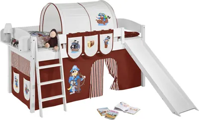 Produktbild von Lilokids Spielbett IDA 4105 Pirat Braun Beige - Teilbares Systemhochbett - weiß - mit Rutsche und Vorhang - Maße: 113 cm x 208 cm x 98 cm; IDA4105KWR-PIRAT-BRAUN-S