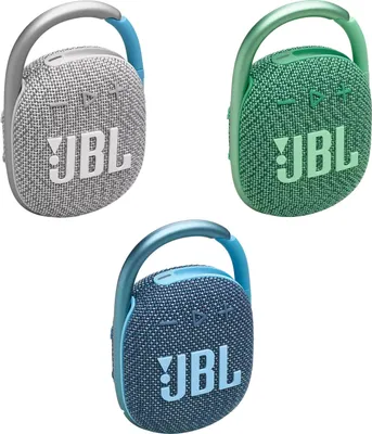 Three JBL Clip 4 portable speakers in different colors are displayed against a white background.